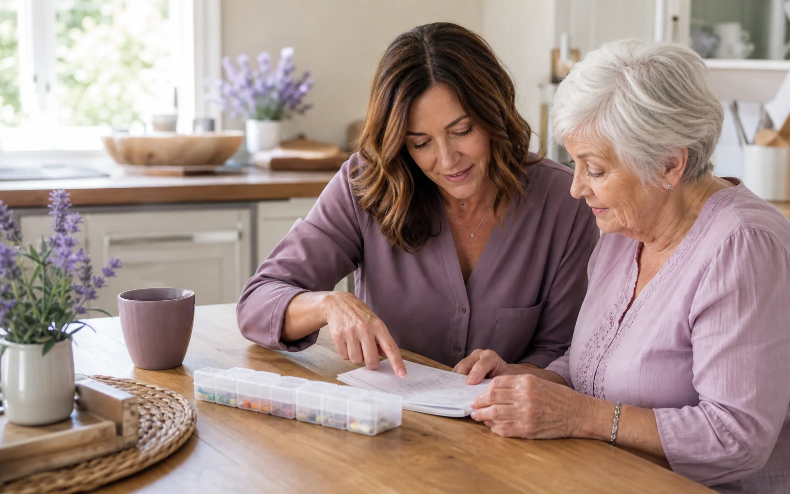 A daughter and her mother reviewing a care plan together at home