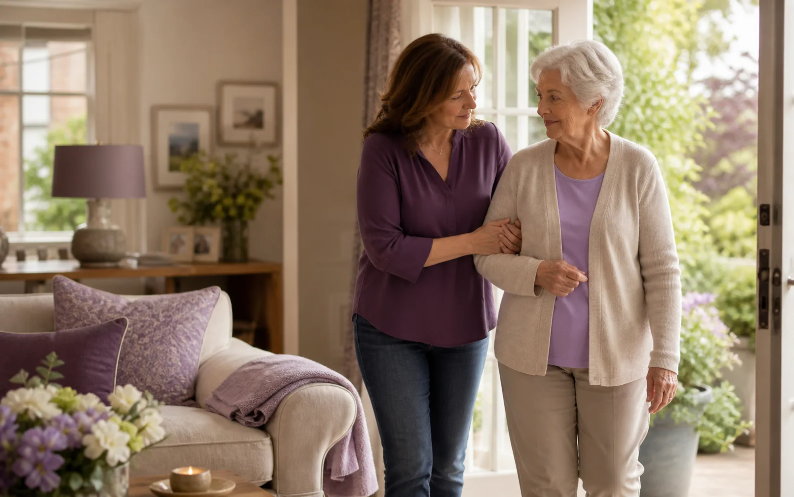 A woman gently supporting an older family member at home